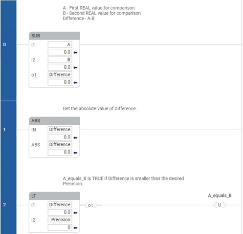使用 SUB (-)、ABS 和 LT (<) 比较实型值的示例