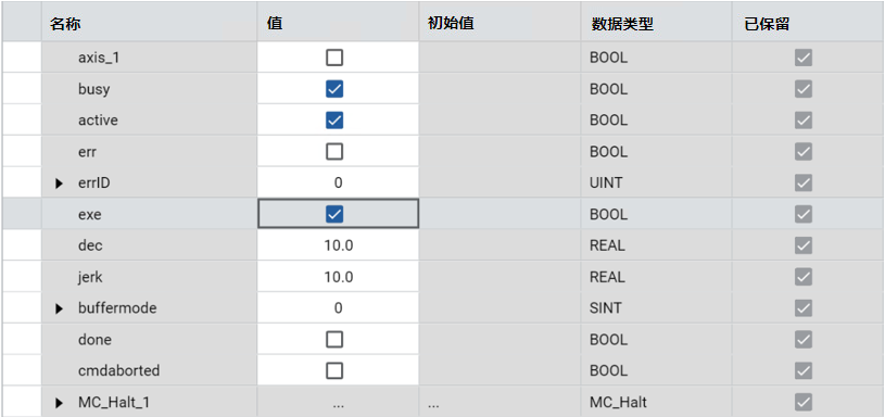 显示 MC_Halt 功能块结果的表,包含名称、值、初始值、数据类型和保留状态。