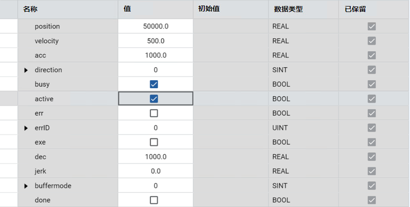 显示 MC_MoveAbsolute 结果的表,包含名称、值、初始值、数据类型和已保留状态列。