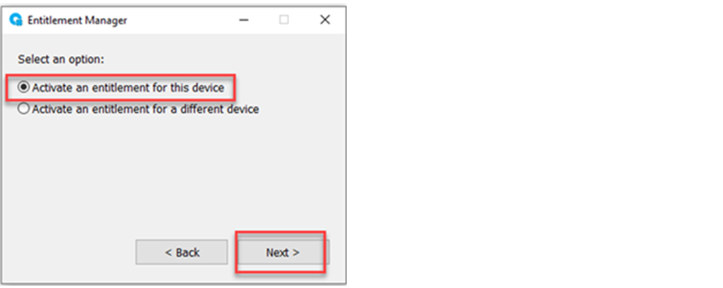 选择&ldquo;激活此设备的权利 (Activate an entitlement for this device)&rdquo;，然后在 FactoryTalk Optix Entitlement Manager 中单击&ldquo;下一步&rdquo;。