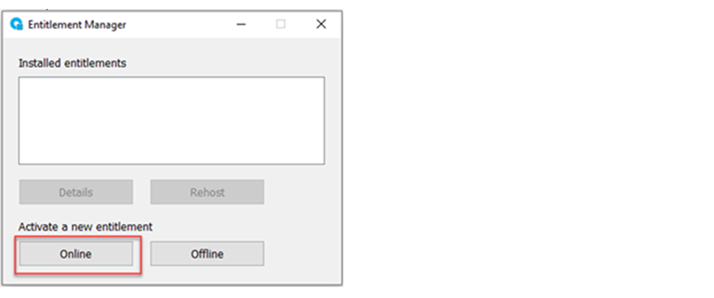 下图显示了在 FactoryTalk Optix Entitlement Manager 中单击&ldquo;联机 (Online)&rdquo;的位置。