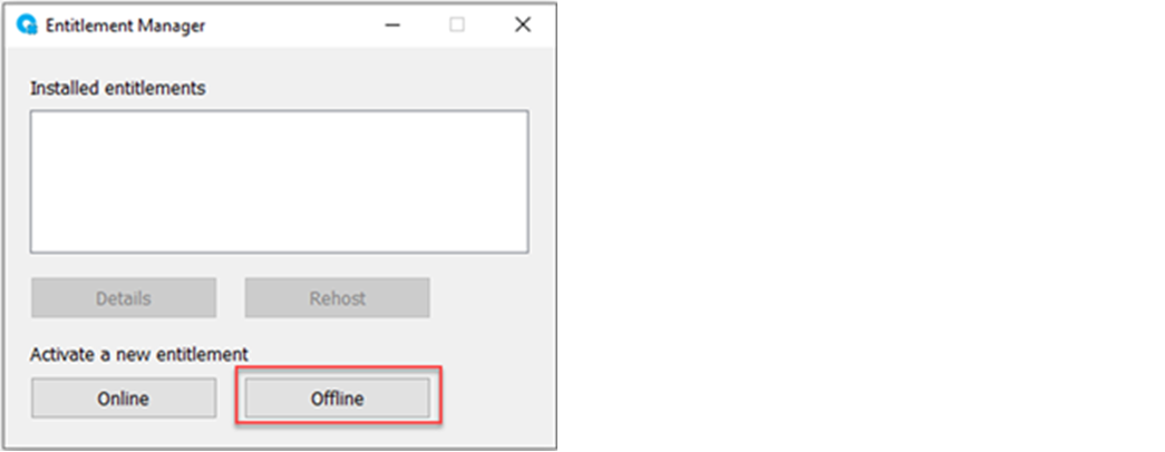 下图显示了在 FactoryTalk Optix Entitlement Manager 中单击&ldquo;脱机 (Offline)&rdquo;的位置。