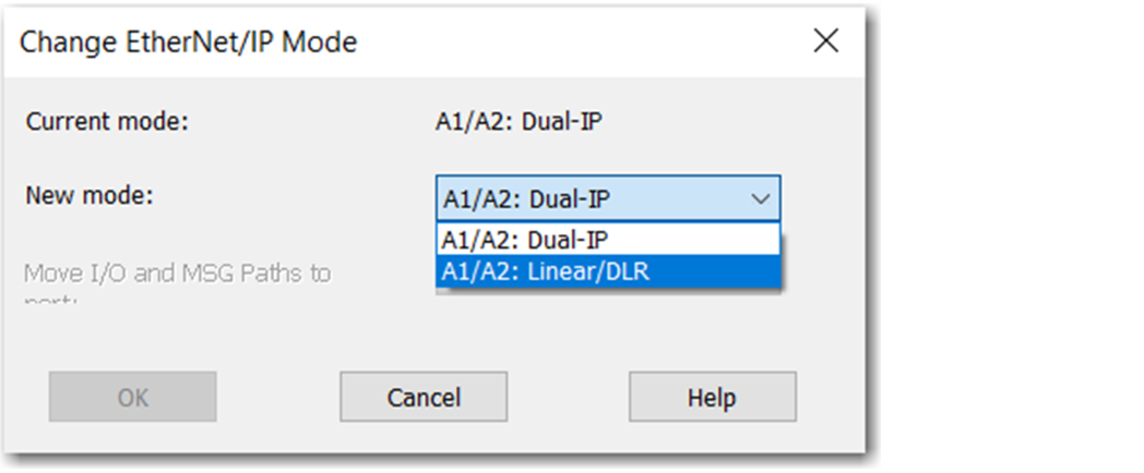 下图显示了在 Logix Designer 中更改 EtherNet/IP 模式的位置。