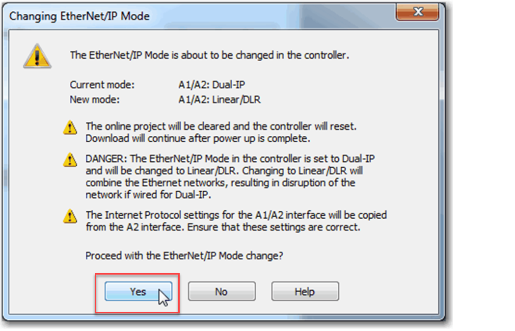 下图显示在 Logix Designer 中单击 Yes 以更改 EtherNet/IP 模式的位置。