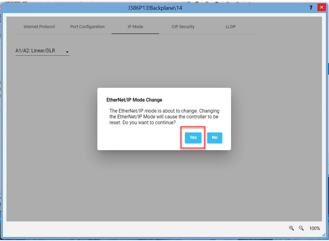 下图显示了在 FactoryTalk Linx 中确认 EtherNet/IP 模式更改的位置。