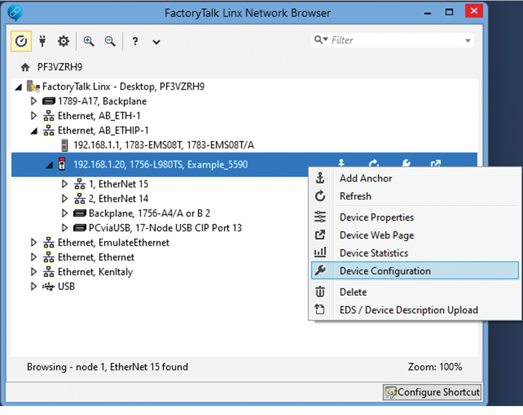 下图显示了如何访问 FactoryTalk Linx 中的设备配置。