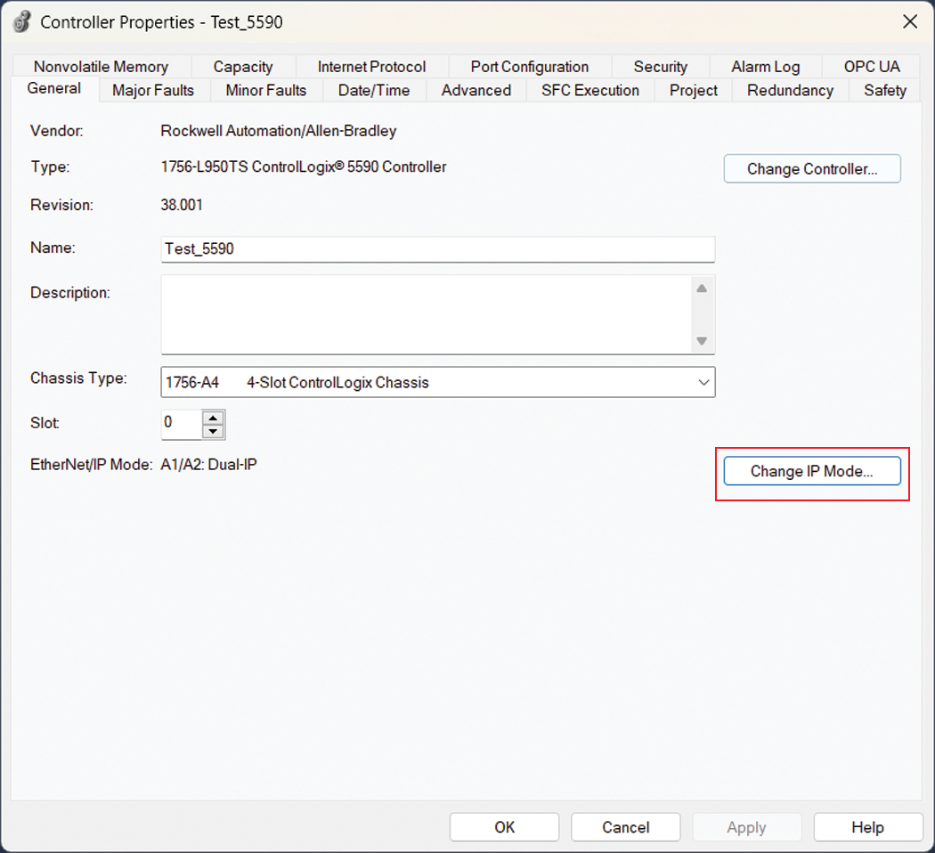 下图显示在 Logix Designer 中需点击控制器属性的哪个位置以更改 IP 模式。