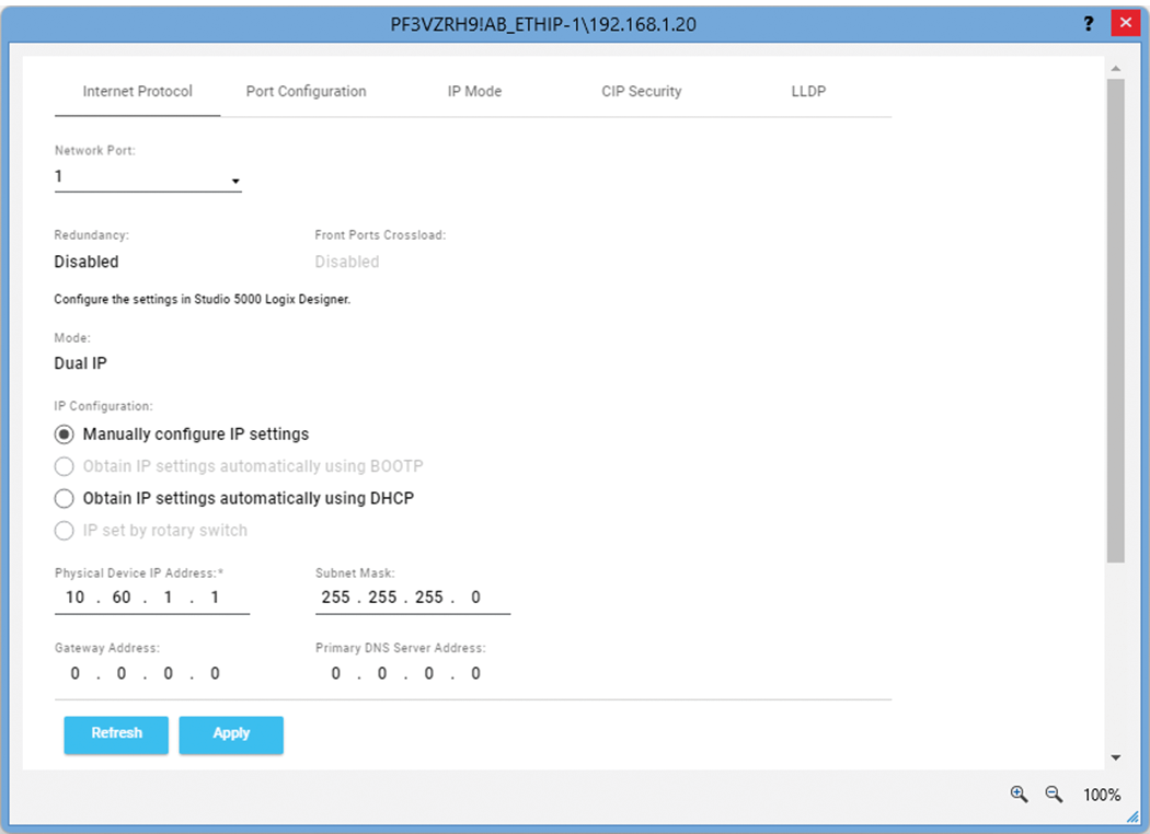 下图显示了如何手动设置 FactoryTalk Linx 中双 IP 模式下端口的 IP 地址。