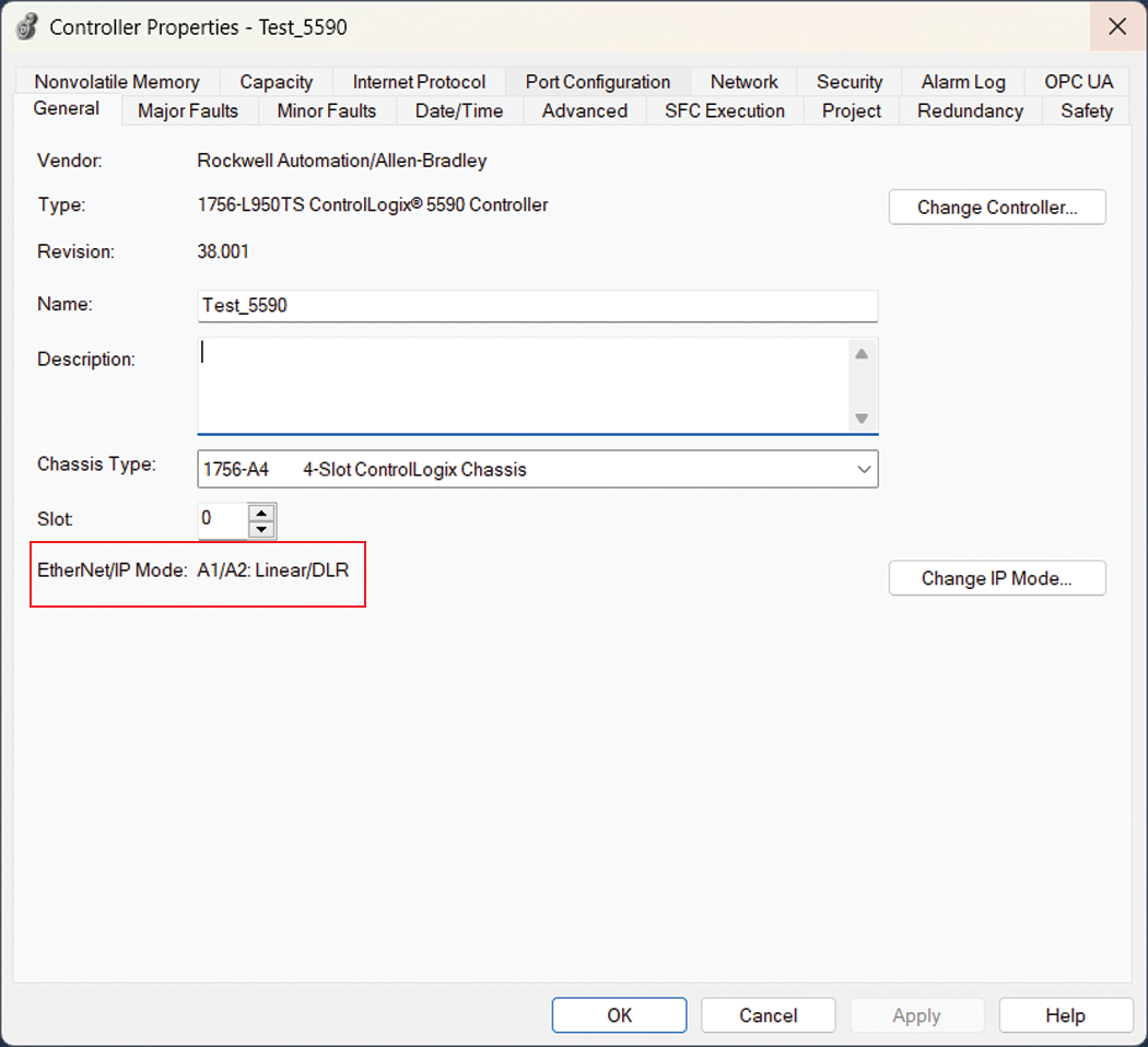 下图显示了 Logix Designer 中控制器属性对话框上显示线性/ DLR EtherNet/IP 模式的位置。