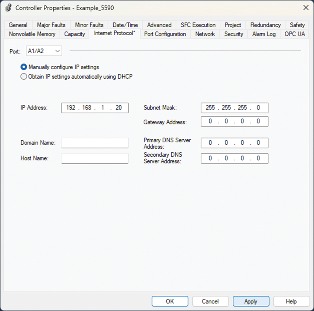 下图显示 Logix Designer 中端口 1/2 的 IP 地址的设置位置。