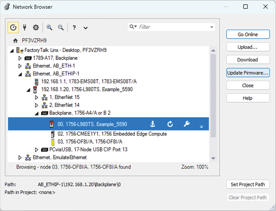 下图显示了所选的控制器和 Update Firmware 按钮。