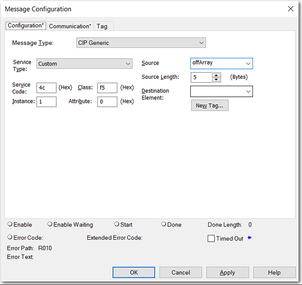 下图显示了在 Logix Designer 中控制器上禁用 SNMP 的 MSG 配置。