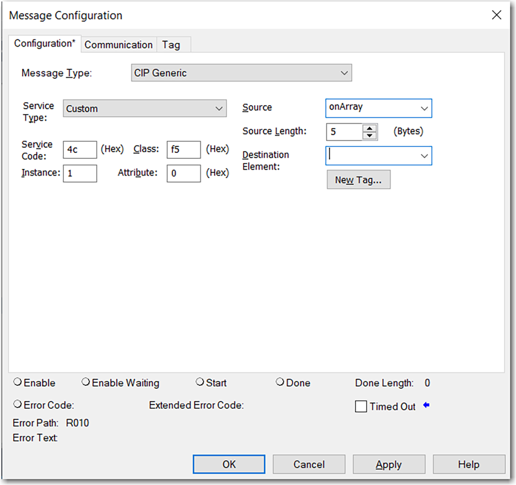 下图显示了在 Logix Designer 的控制器上启用 SNMP 的 MSG 配置。