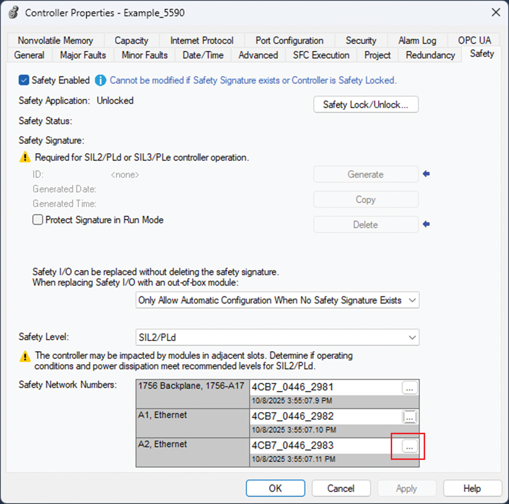 下图显示了 Logix Designer 中 ControlLogix 5590 Properties 对话框上单击 SNN 省略号按钮的位置。