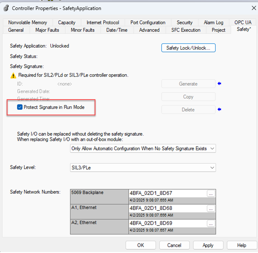 下图显示了在 Logix Designer 项目中，为 Compact GuardLogix 5380 控制器设置安全签名的保护位置。