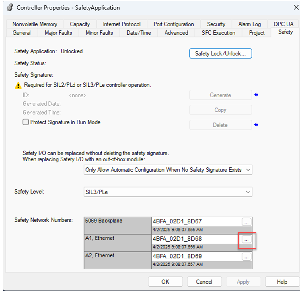 下图显示了 Logix Designer 中 Compact GuradLogix 5380 Properties 对话框上单击 SNN 省略号按钮的位置。