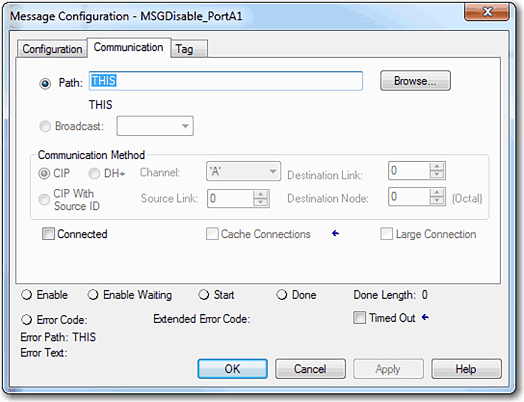 下图所示为在 Logix Designer 中，通过 MSG 指令禁用控制器以太网端口的路径。