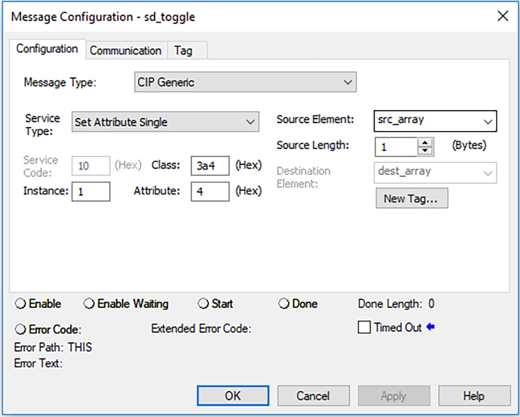 下图显示了如何配置 MSG 上的&ldquo;配置&rdquo;以禁用 Logix Designer 中的控制器 SD 卡。