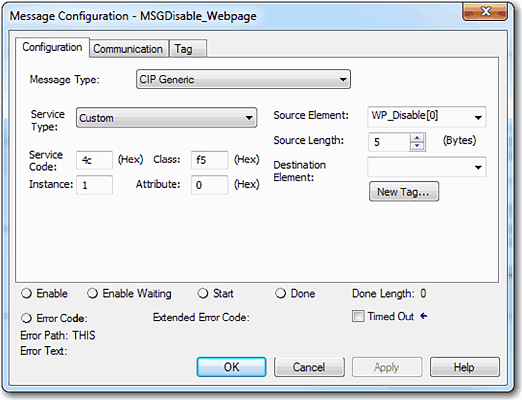 下图显示了如何配置 MSG 上的&ldquo;配置&rdquo;以禁用 Logix Designer 中的控制器网页。