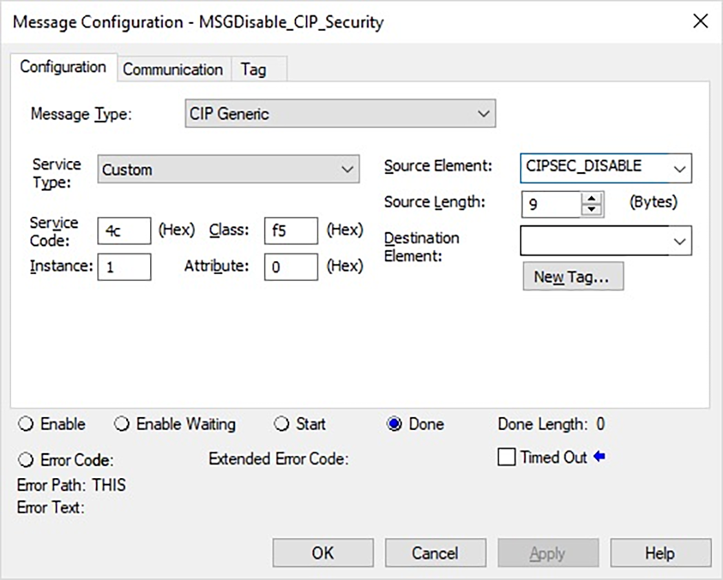 下图显示了如何在 Logix Designer 中配置禁用控制器 CIP 安全端口的 MSG 指令。
