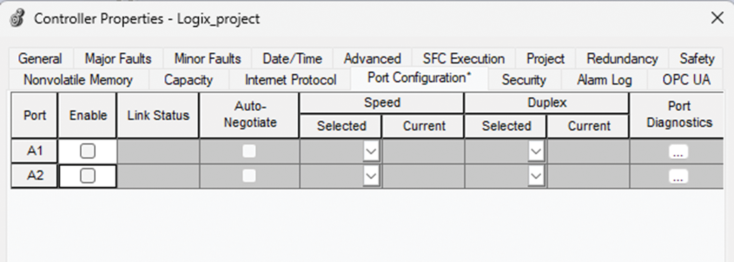 下图显示了在 Logix Designer 中启用和禁用控制器以太网端口的位置。