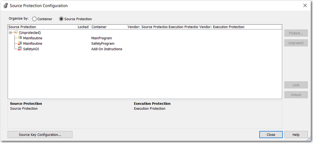 下图显示了 Logix Designer 中的 Source Protection Configuration 对话框。