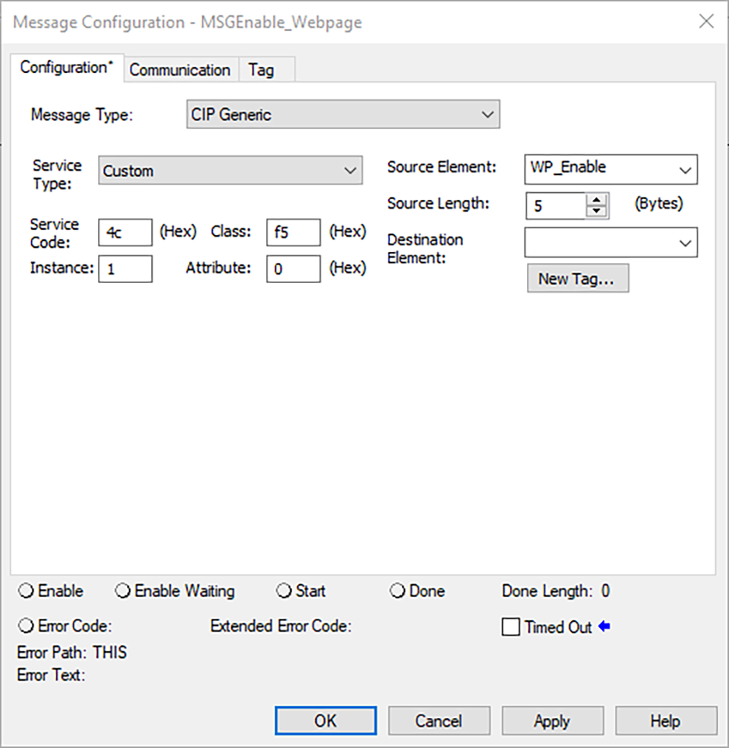下图显示了如何配置 MSG 上的&ldquo;配置&rdquo;以启用 Logix Designer 中的控制器网页。