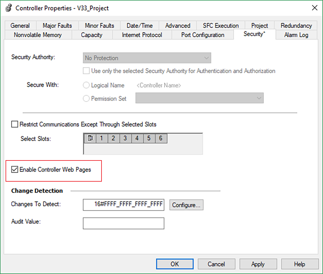 下图显示了如何通过 Logix Designer 属性对话框启用和禁用控制器网页。