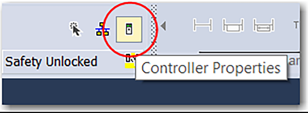 下图显示了 Logix Designer 工具栏上 Controller Properties 按钮的位置。
