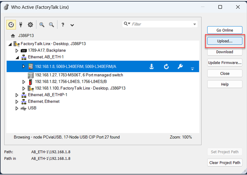 下图显示了 Logix Designer 中 Who Active 对话框的上传位置。