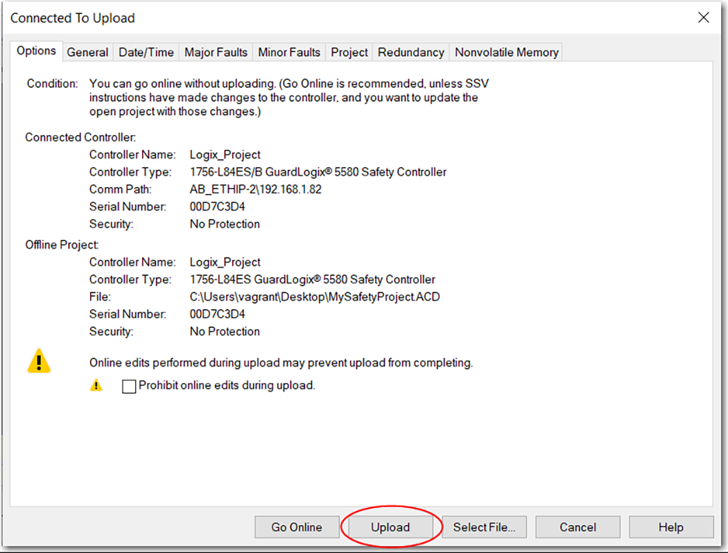 下图显示了 Logix Designer 中的 Connected to Upload 对话框中的项目上传位置。
