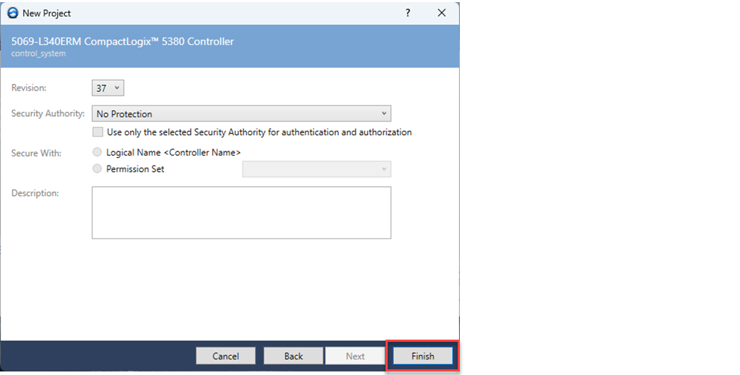 下图显示了在 Logix Designer 中如何完成新的 CompactLogix 5380 项目。