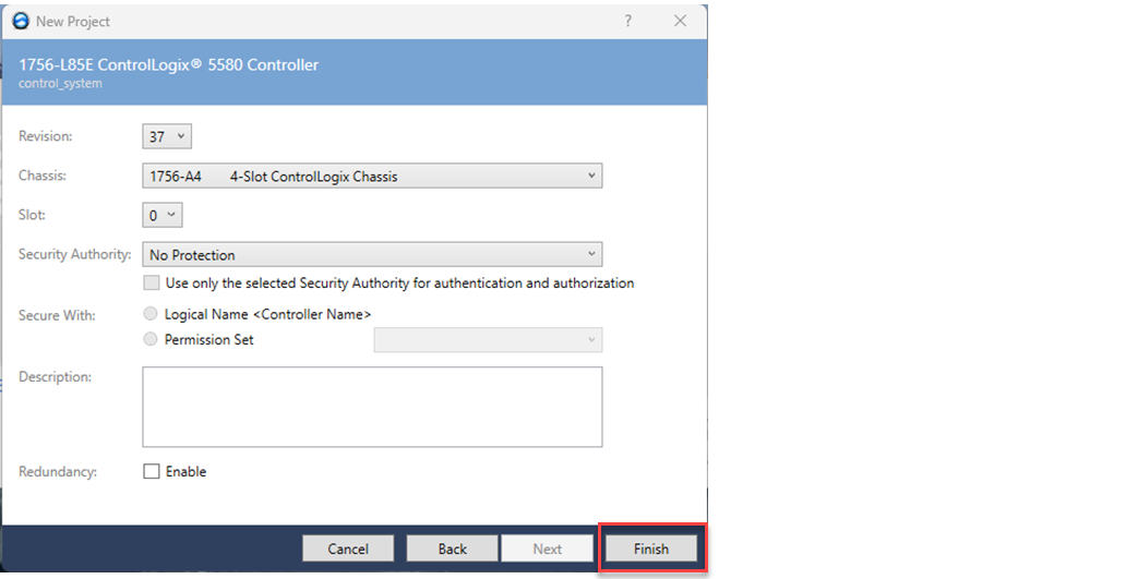 下图显示了在 Logix Designer 中如何完成新的 ControlLogix 5580 项目。