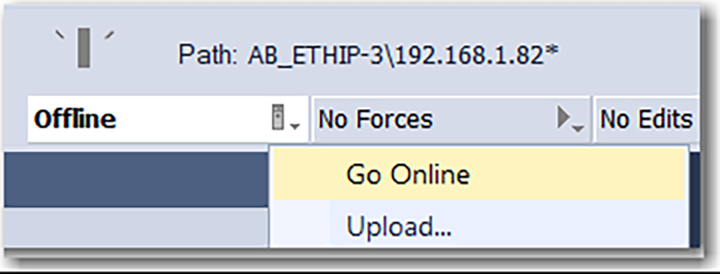 下图显示了在 Logix Designer 中更改控制器状态的位置。