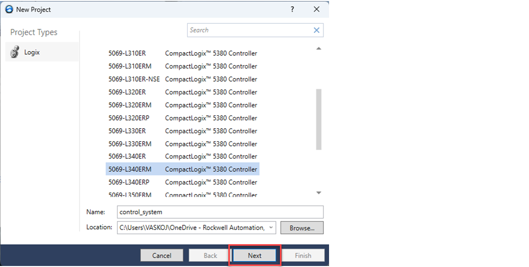 下图显示了在 Logix Designer 中如何命名新的 CompactLogix 5380 控制器项目。
