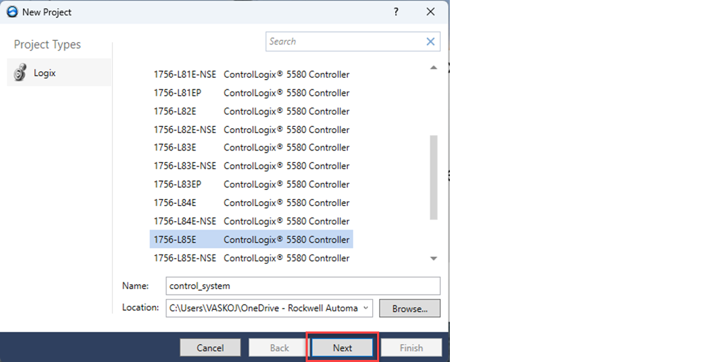 下图显示了在 Logix Designer 中如何命名新的 ControlLogix 5580 控制器项目。