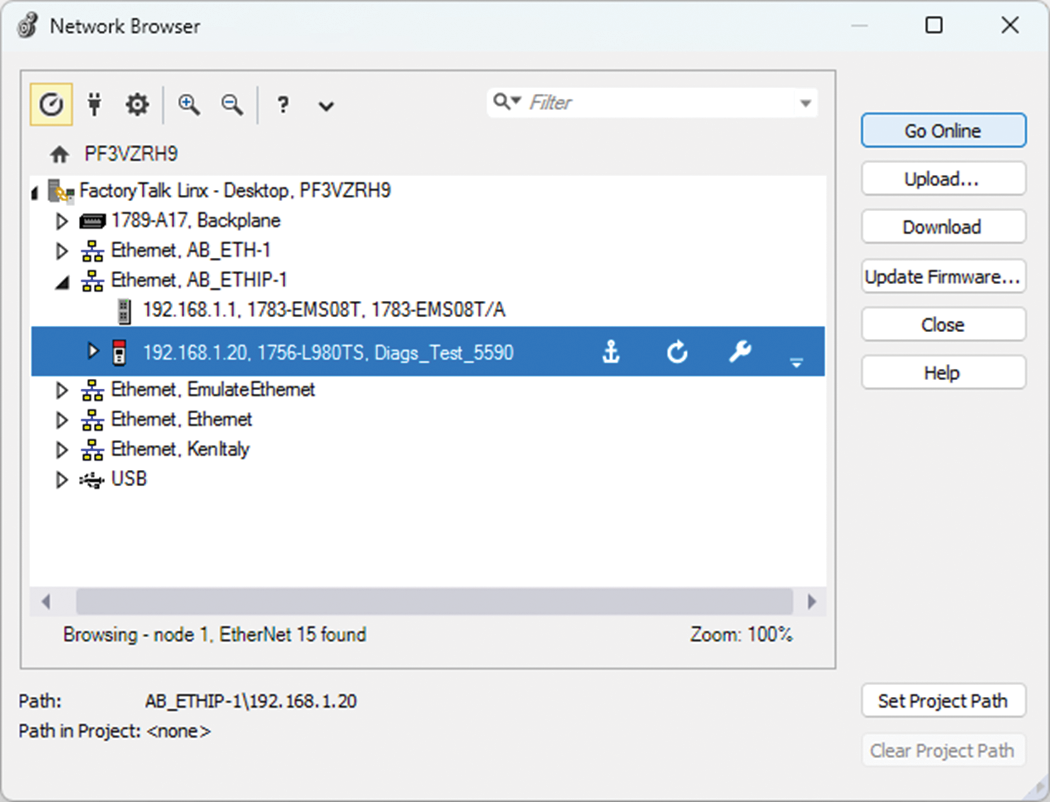 下图所示为在 Logix Designer 中，为 ControlLogix 5590 控制器点击进入联机的位置。