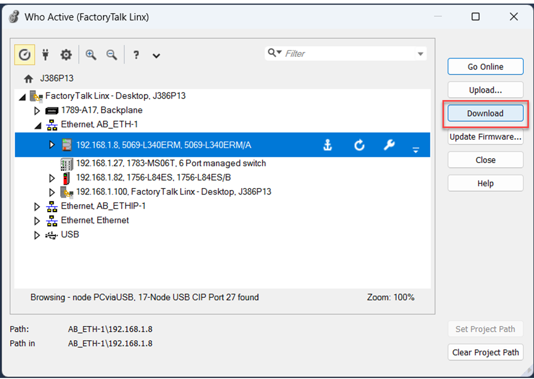 下图显示了在 Logix Designer 中下载项目到 CompactLogix 5380 控制器时需要点击的位置。