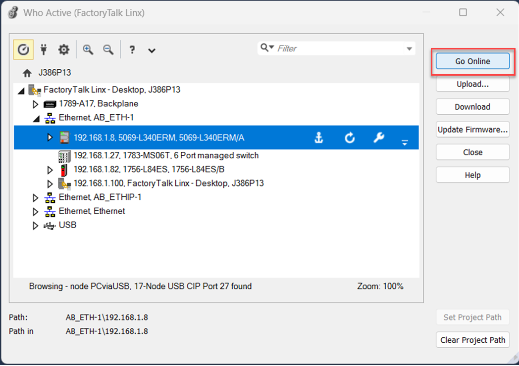 下图所示为在 Logix Designer 中,为 CompactLogix 5380 控制器点击进入联机的位置。