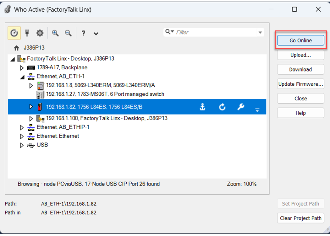 下图所示为在 Logix Designer 中,为 GuardLogix 5580 控制器点击进入联机的位置。