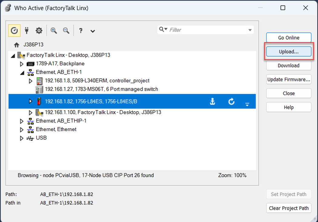 下图显示了如何在 Logix Designer 中上传项目。