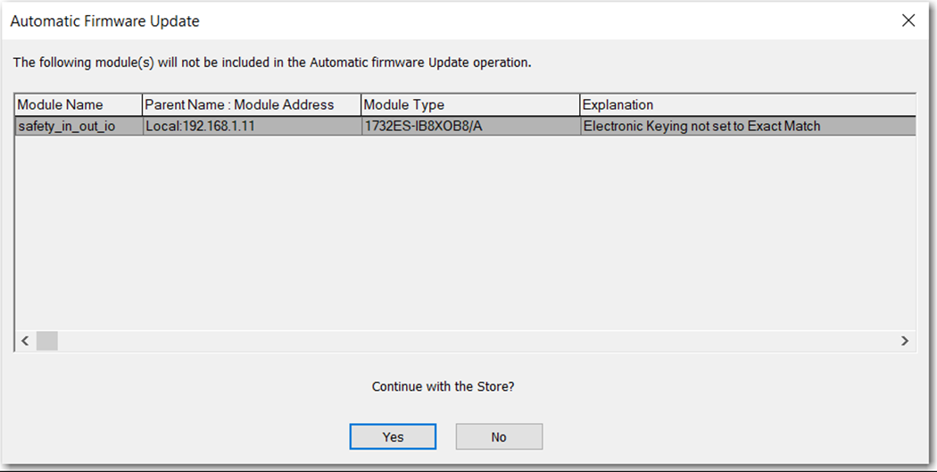 下图显示了 Logix Designer 中的 Automatic Firmware Update 对话框。