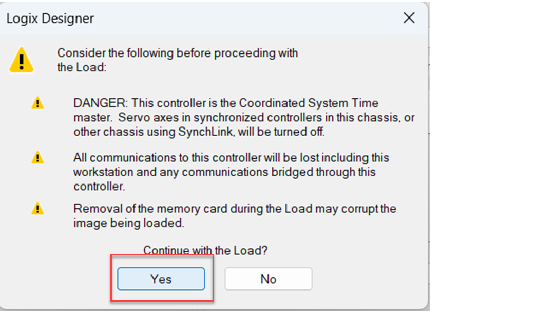 下图显示了在何处单击 Yes 以确认从内存卡加载到控制器。