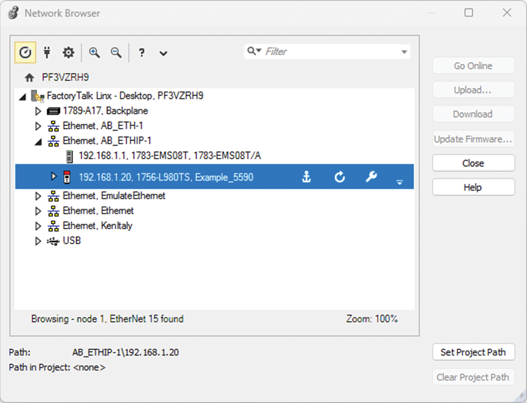 下图显示了使用 Network Browser 浏览至 ControlLogix 5590 控制器的位置。