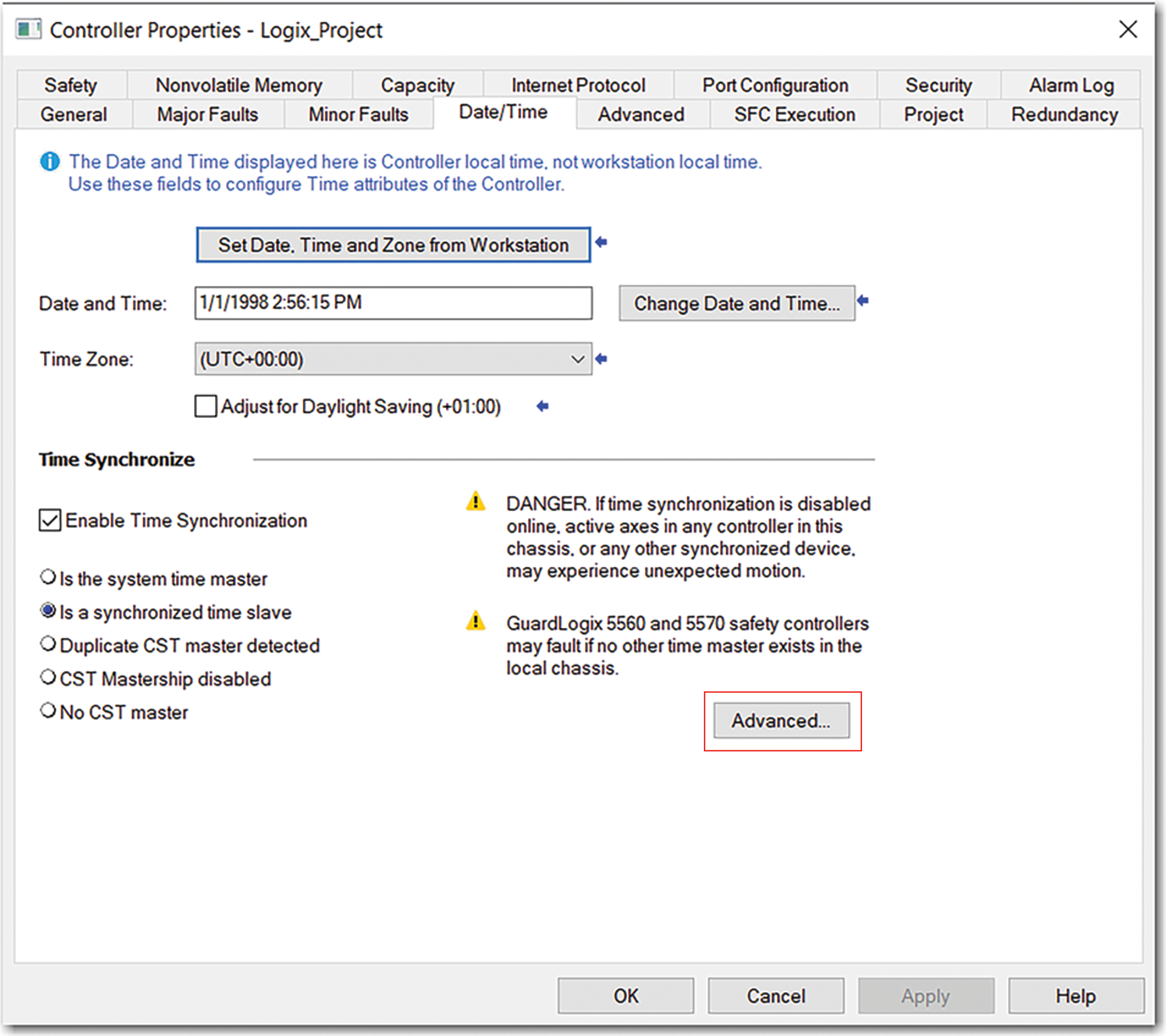 下图显示了 Controller Properties Date/Time 选项卡中的 Advanced 按钮的位置。