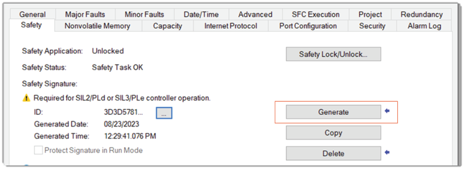 Safety 选项卡上的 Generate 按钮