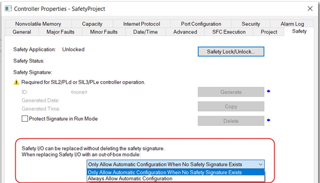 安全 I/O 更换选项