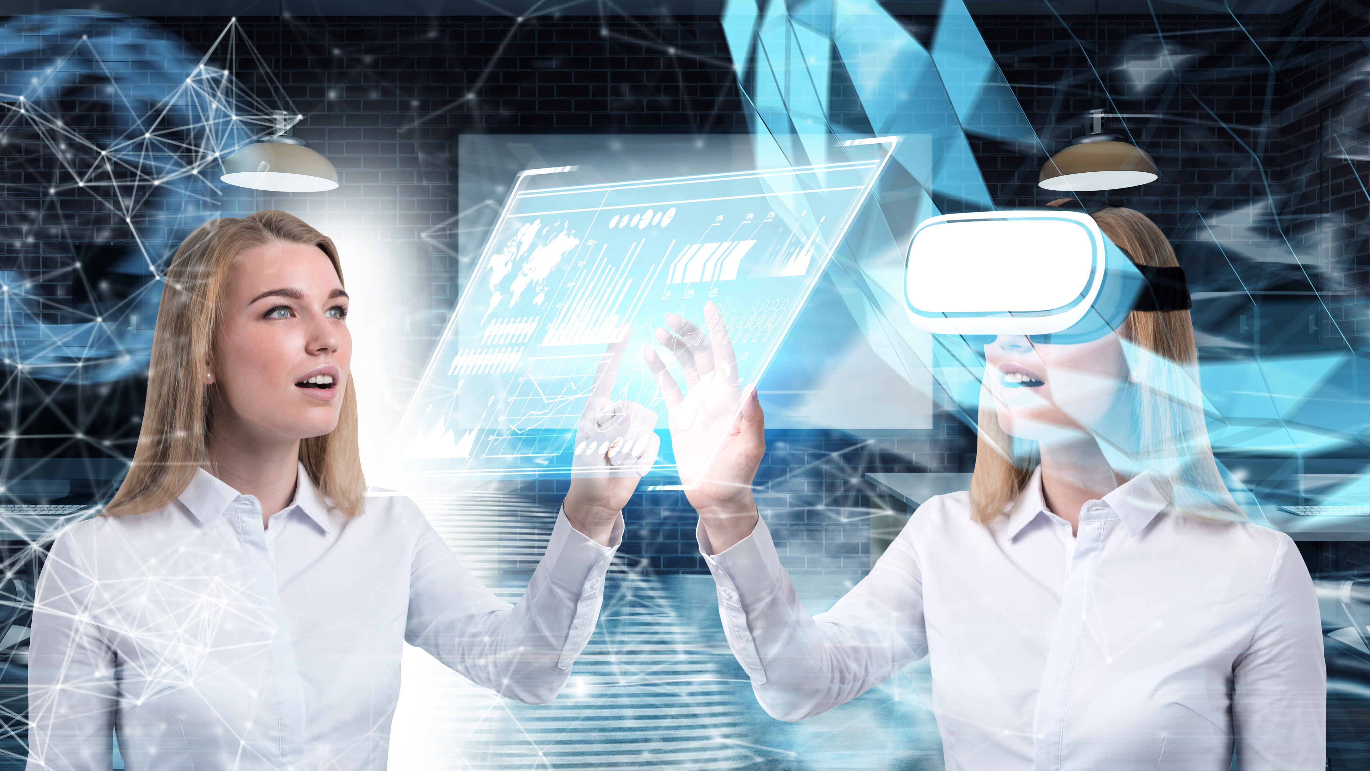 在抽象背景中使用增强现实设备的女性