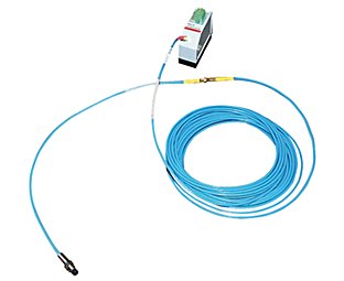 蓝色卷绕电缆一端连接到左下角的金属探头，另一端连接到驱动程序模块